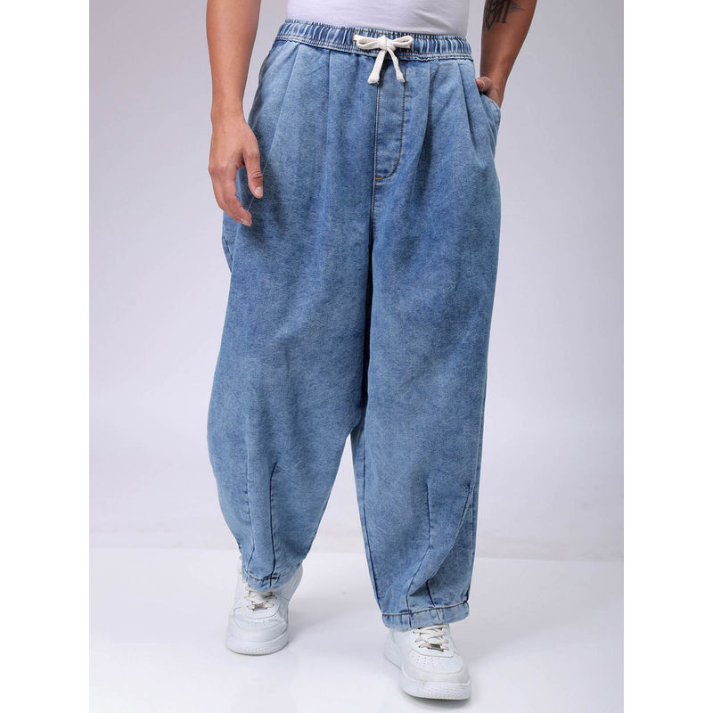 The Indian Garage Co Men Baggy Solid Mid Rise Denim Harem Jeans Blue (32)