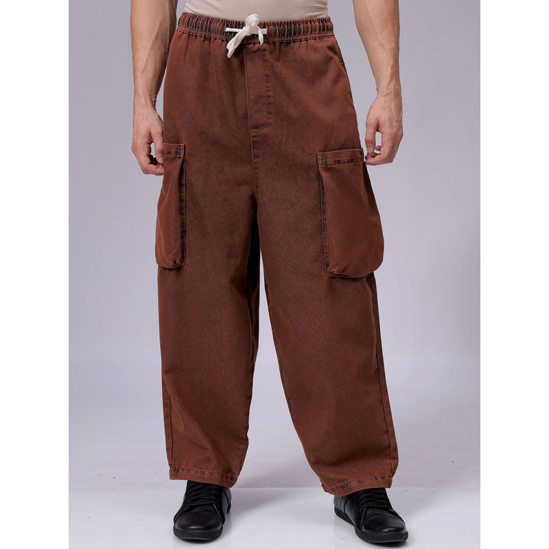 The Indian Garage Co Men Cargo Baggy Harem Solid Mid Rise Jeans Brown (32)
