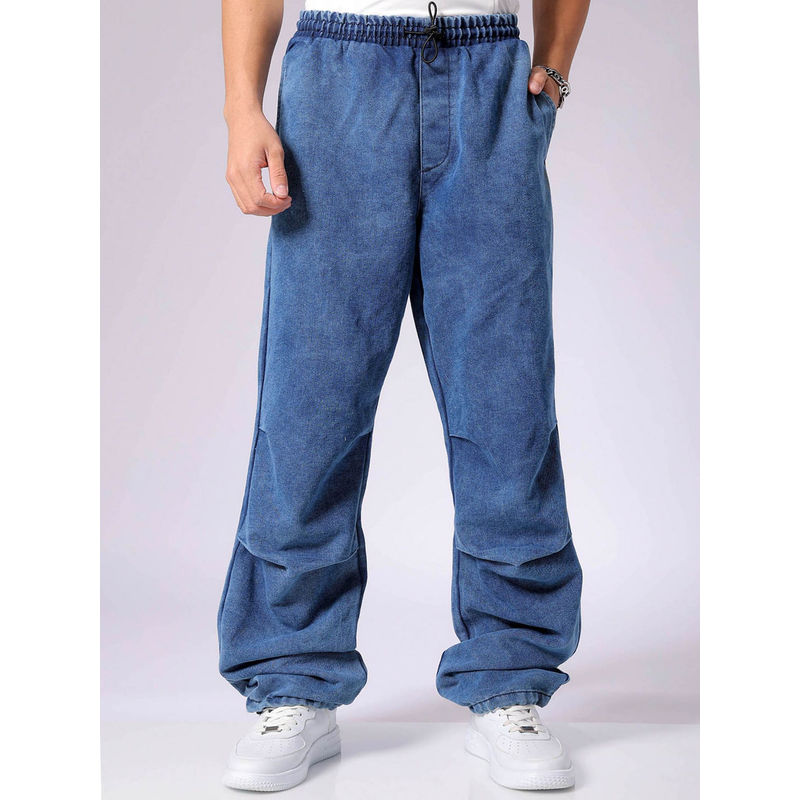 The Indian Garage Co Men Baggy Solid Mid Rise Denim Joggers Blue (34)