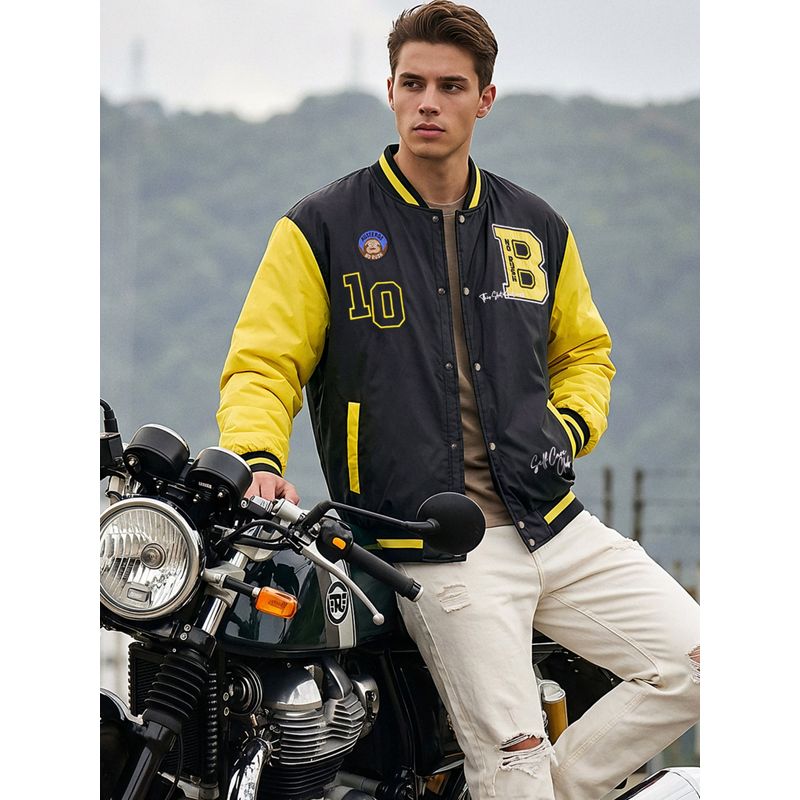 Bewakoof Men's Black Printed Contrast Sleeve Oversized Bomber Jacket (M)