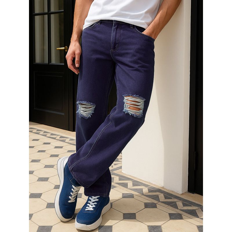 Bewakoof Men's Indigo Blue Baggy Fit Distressed Mid-Rise Jeans (30)