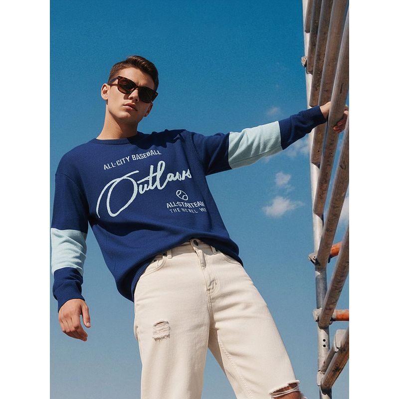 Bewakoof Men's Blue Typography Super Loose Fit Sweater (S)
