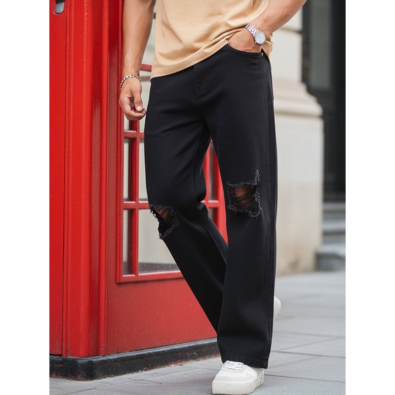 Bewakoof Men's Black Baggy Fit Distressed Mid-Rise Jeans (30)