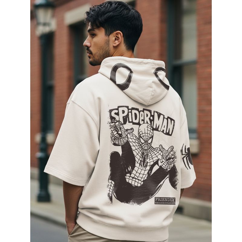 Bewakoof Marvel Men Cream Spiderman Character Printed Oversized Fit Hoodie T-Shirt (2XL)