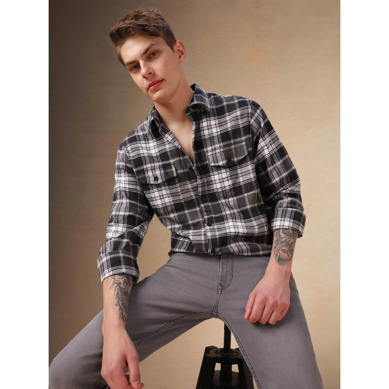 Dennis Lingo Men Black Tartan Checks Spread Collar Long Sleeves Relaxed Fit Casual Shirt (42)
