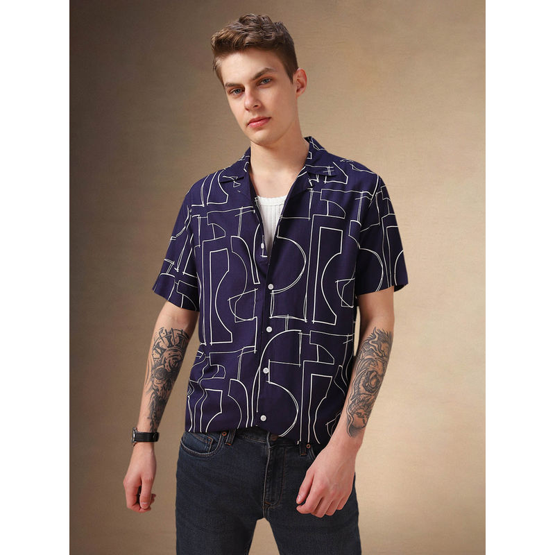 Dennis Lingo Men Blue Abstract Cuban Collar Short Sleeves Relaxed Fit Casual Shirt (38)