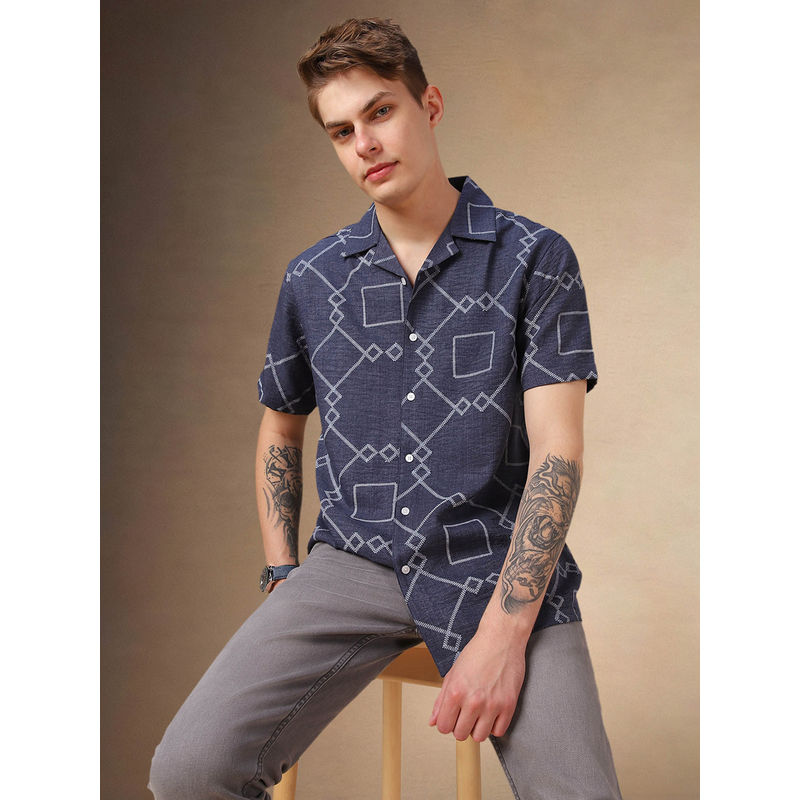 Dennis Lingo Men Navy Blue Geometric Cuban Collar Short Sleeves Relaxed Fit Casual Shirt (46)