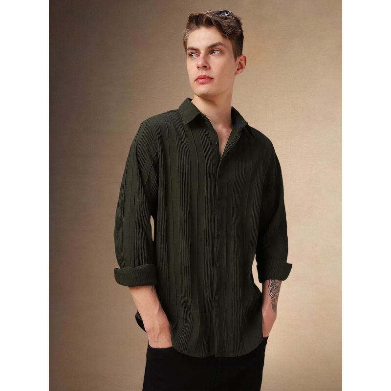 Dennis Lingo Men Olive Solid Textured Spread Collar Long Sleeves Regular Fit Casual Shirt (40)