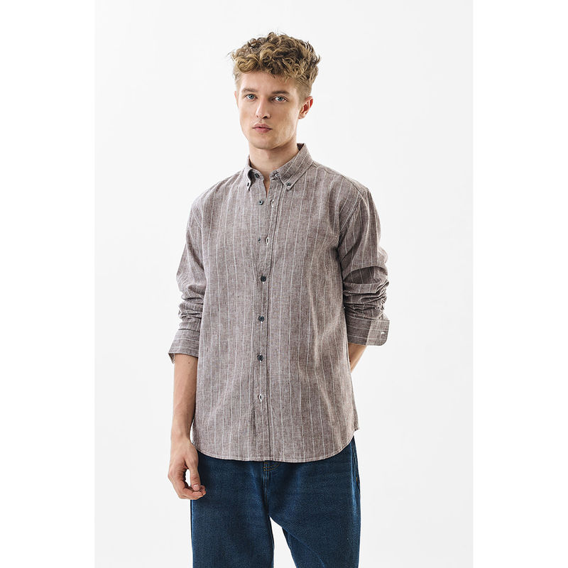 Snitch Regular Fit Linen Blend Stripes Brown Shirt (S)