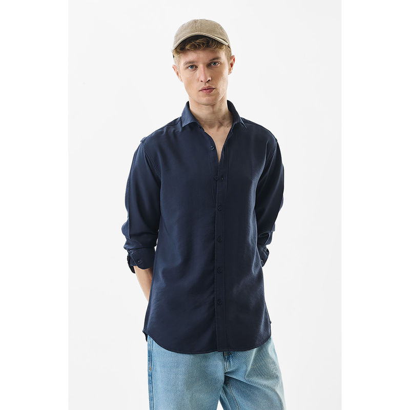 Snitch Slim Fit Plain Navy Blue Shirt (L)