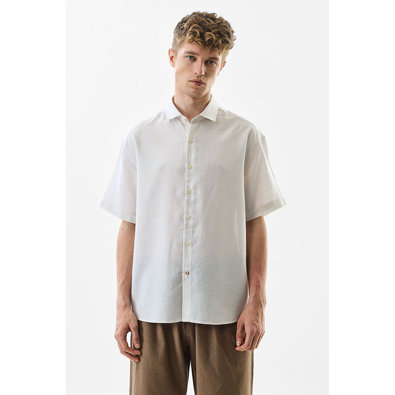 Snitch Oversized Fit Linen Blend Stripes Off White Shirt (M)