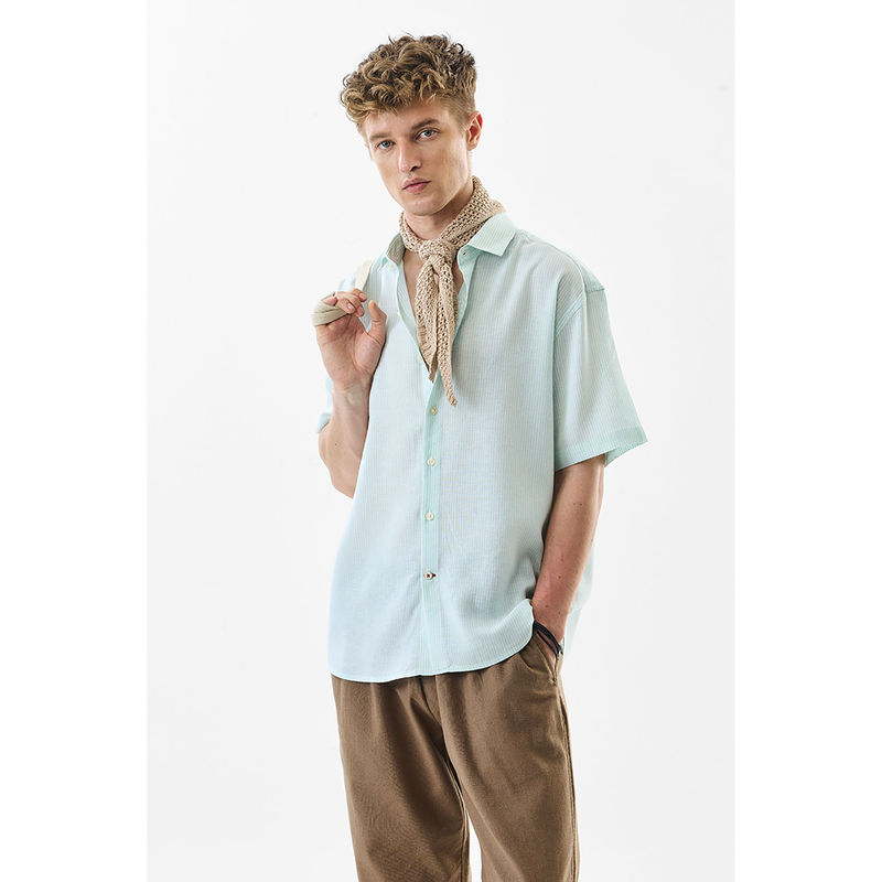 Snitch Oversized Fit Linen Blend Stripes Light Green Shirt (M)