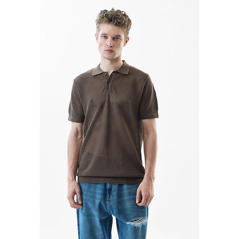 Snitch Slim Fit Cotton Crochet Brown Polo T-Shirt (XS)
