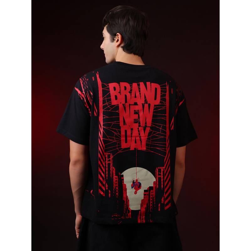 Free Authority Black Marvel Spider-Man Brand New Day Printed Men's Oversized Fit T-Shirt (L)