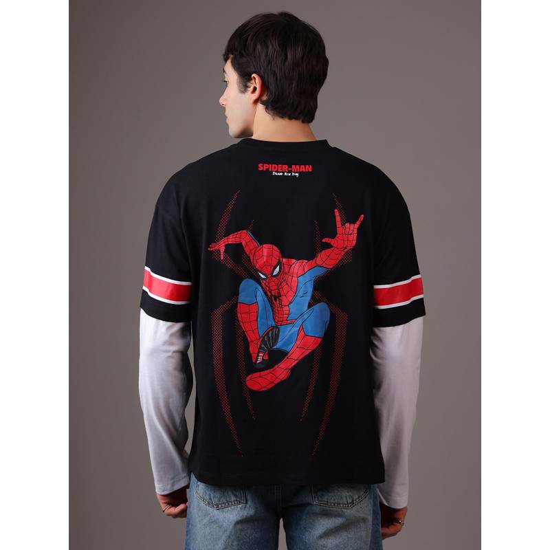 Free Authority Black Spider-Man Brand New Day Men Relaxed Layered Double Sleeve T-Shirt (M)