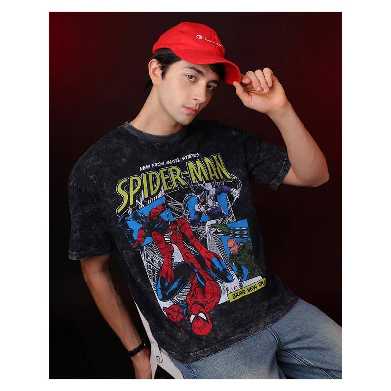 Free Authority Black Marvel Spider-Man Brand New Day Printed Men's Oversized Fit T-Shirt (S)