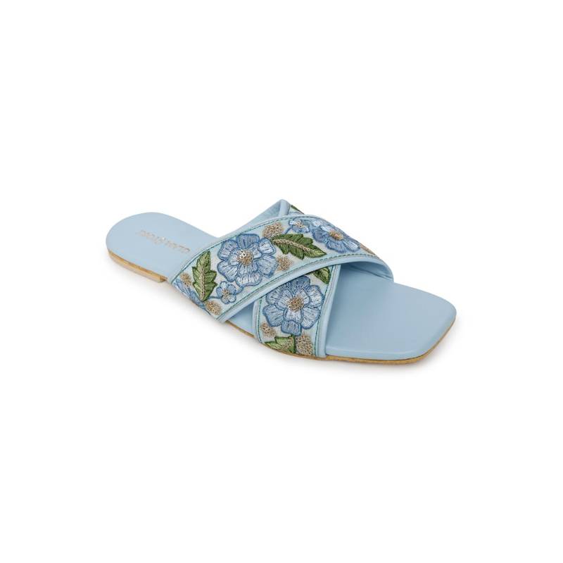 GLAM STORY Blue Flower and Embroidery Work Open Toe Flats for Women (EURO 36)