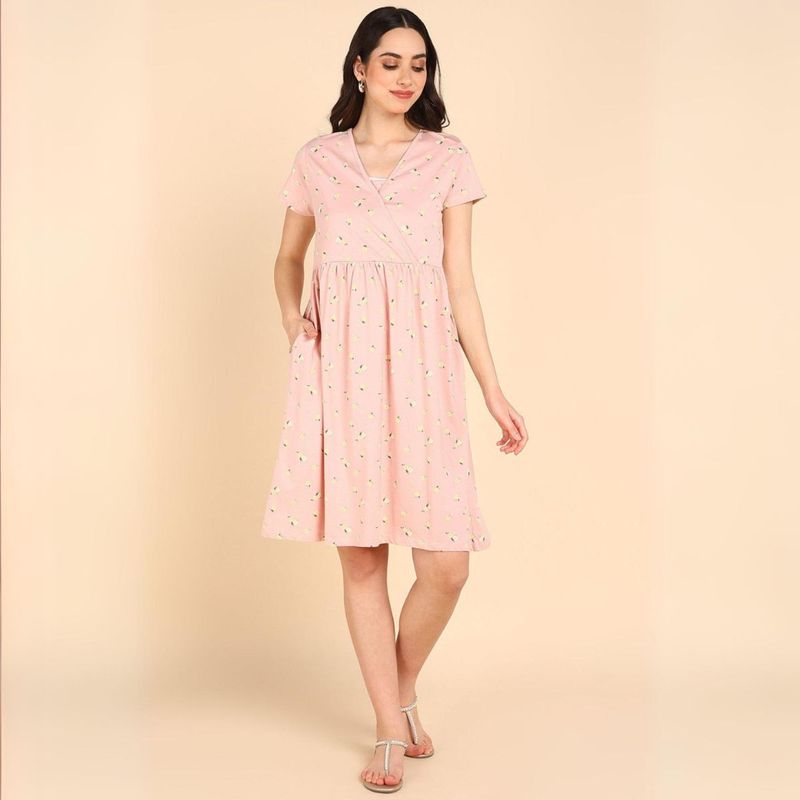 Zelena Pink Floral Half Sleeves V Neck Maternity Western Zipless Dress (2XL)