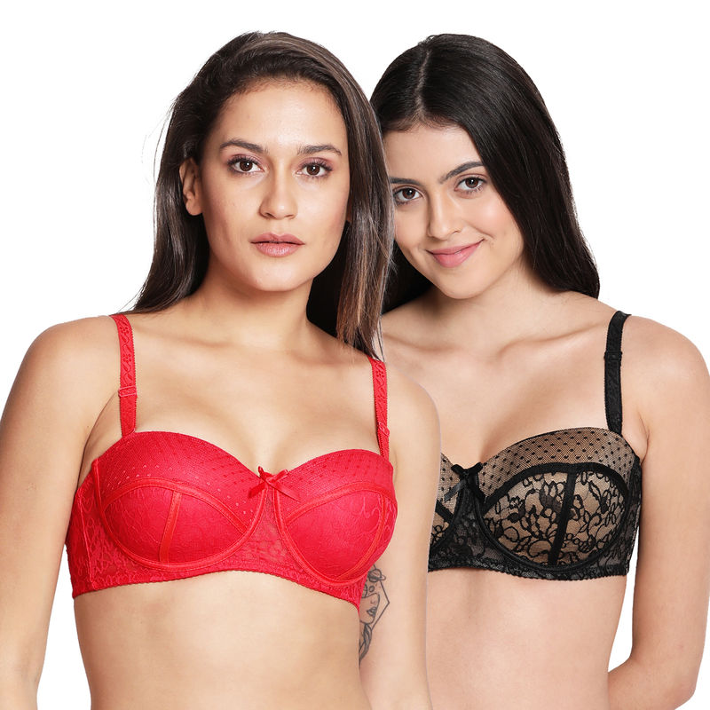 Shyaway Susie 3/4th Coverage Underwired Lace Overlay Balconette Padded Bra-  Hot Red (28D)