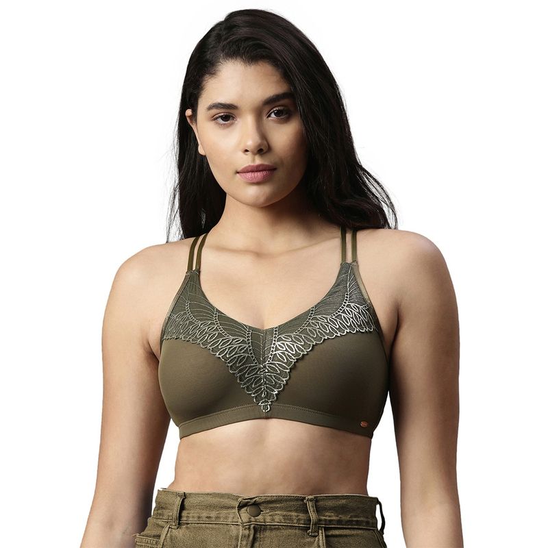 Enamor Womens F073-Non Padded Wirefree High Coverage Metallic Lace Bralette-Military Olive (S)