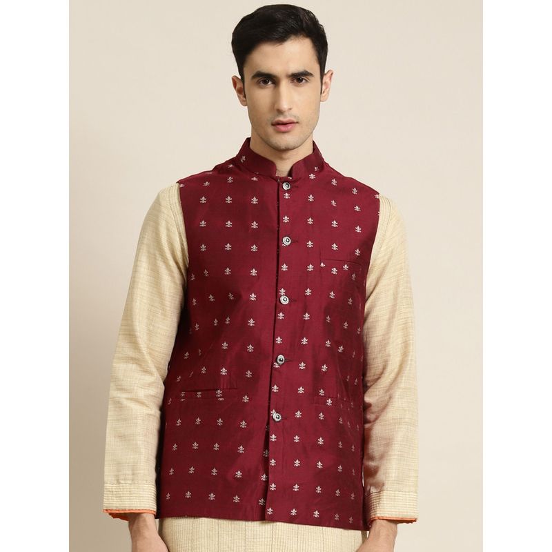 SOJANYA Cotton Maroon Self Design Only Nehru Jacket (S)