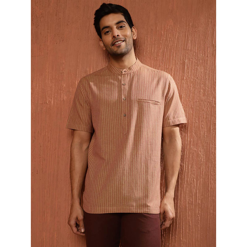 Fabindia Brown Cotton Stripes Half Sleeves Mandarin Neck Shirt (M)