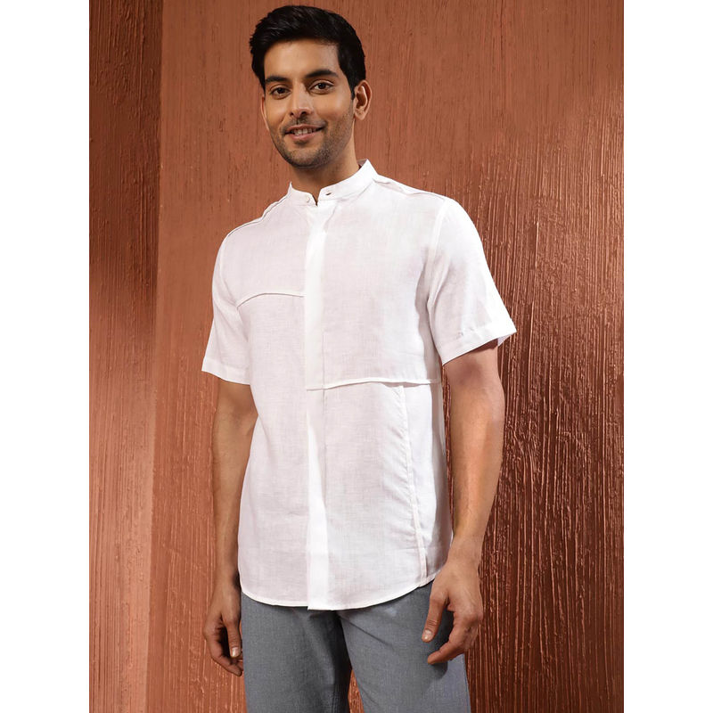 Fabindia White Linen Solid Half Sleeves Mandarin Neck Shirt (M)