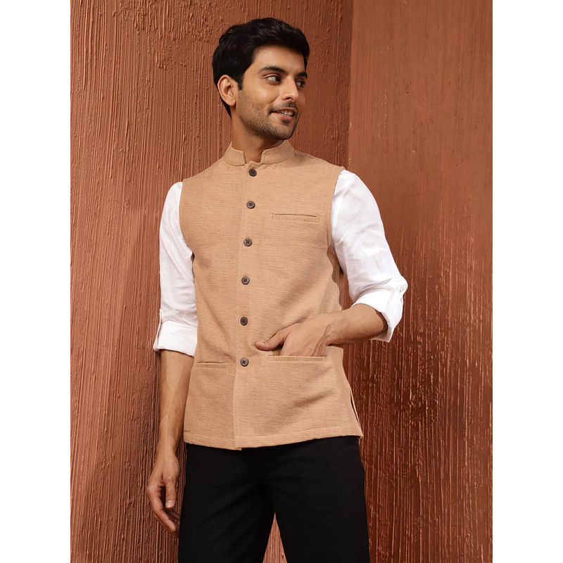 Fabindia Beige Cotton Solid Sleeveless Mandarin Neck Nehru Jacket (XS)