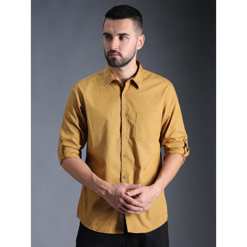 High Star Men Smart Casual Cotton Spread Collar Long Sleeves Solid Shirt - Khaki (42)