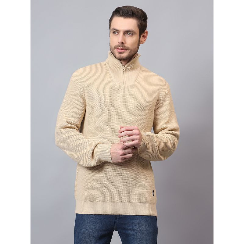 Cantabil Beige Textured High Neck Full Sleeves High Men Casual Sweater (M)