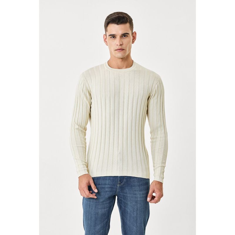 Snitch Beige Ribbed Full Sleeves Regular Casual Sweaters for Men (XL)