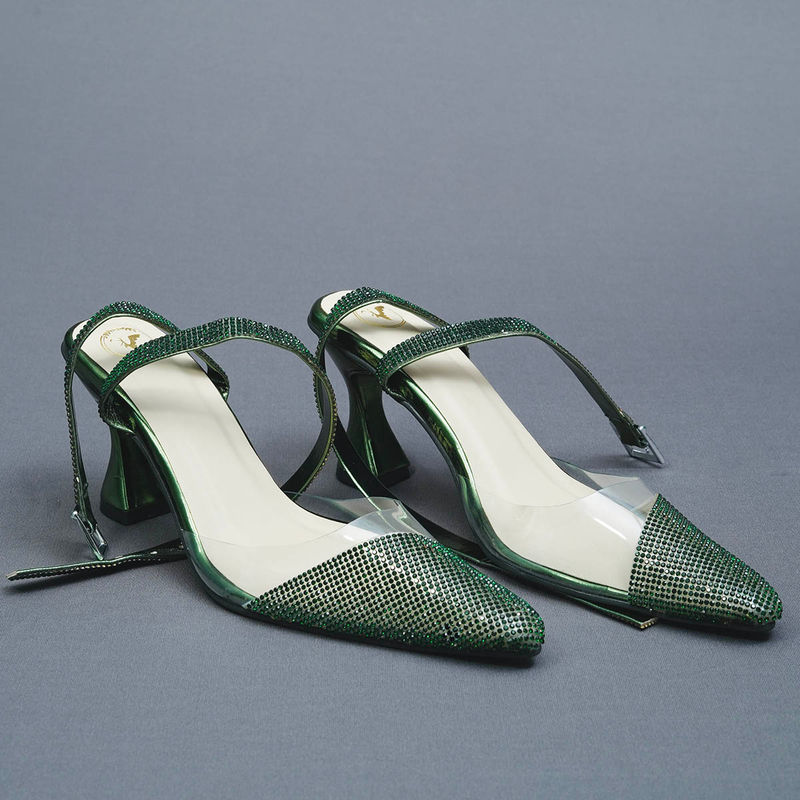 Sana K Luxurious Footwear Faux Leather Green Sleek Cheek Mules Heels (EURO 35)