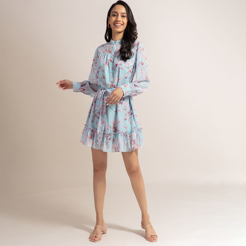 Dusty blue floral high neck frill hem shift dress online