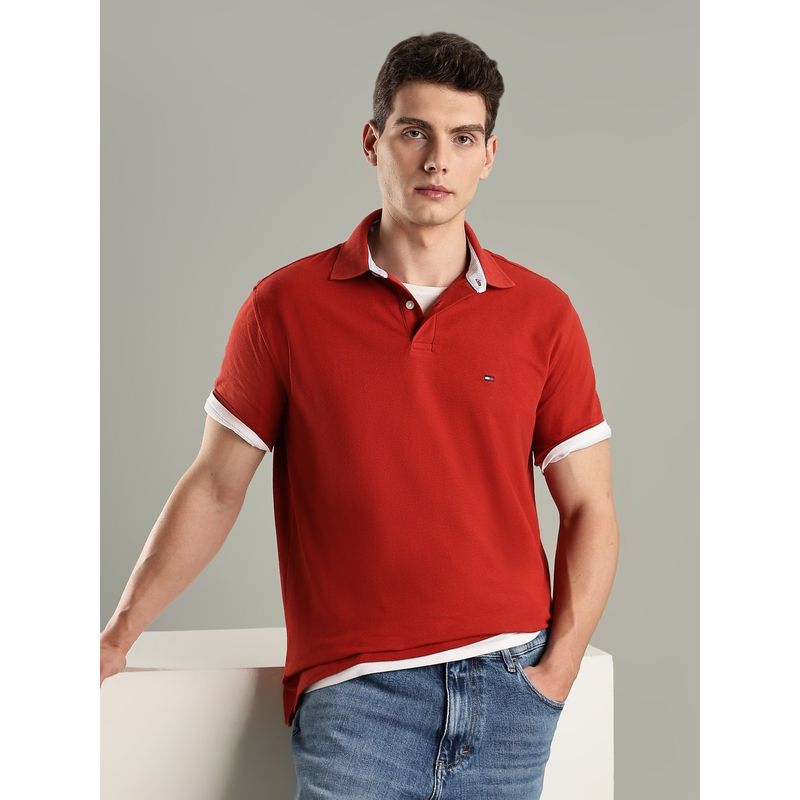 Tommy Hilfiger Red Solid Regular Fit Cotton Polo T-Shirt (S)