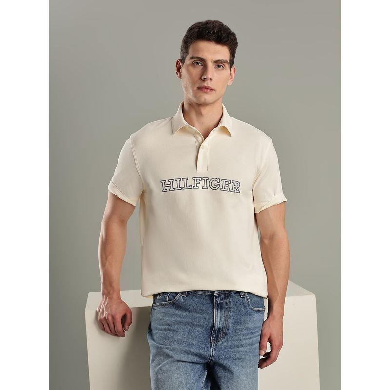 Tommy Hilfiger Off White Logo Regular Fit Cotton Polo T-Shirt (L)