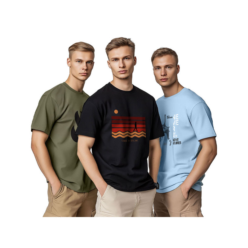Nobero Cotton Men Regular Graphic Printed T-Shirt (Pack of 3) (S)