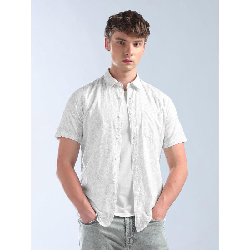 Flying Machine Men White Cotton Floral Shirt (S)