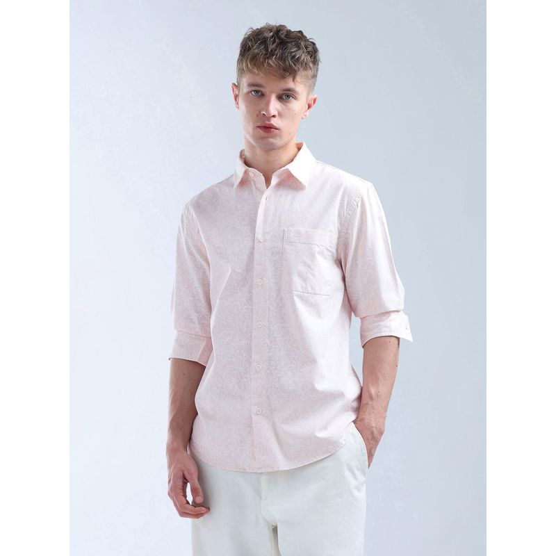 Flying Machine Men Pink Cotton Floral Shirt (M)