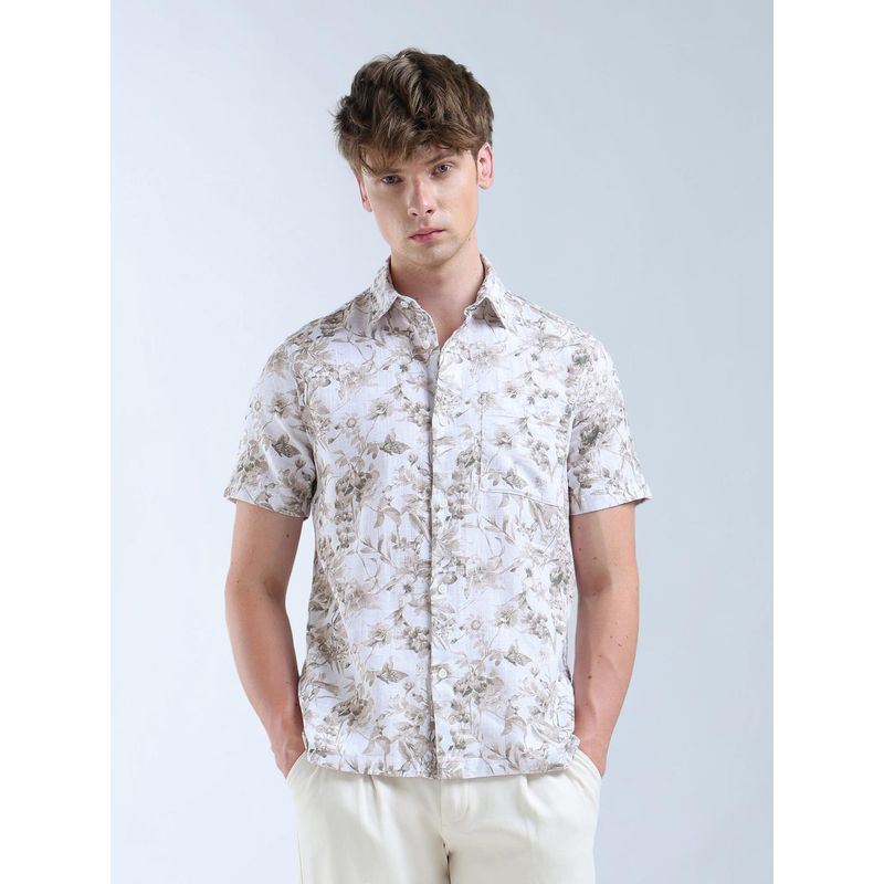 Flying Machine Men White Cotton Floral Shirt (S)
