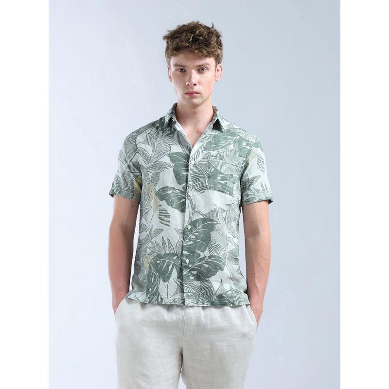 Flying Machine Men Green Cotton Floral Shirt (M)