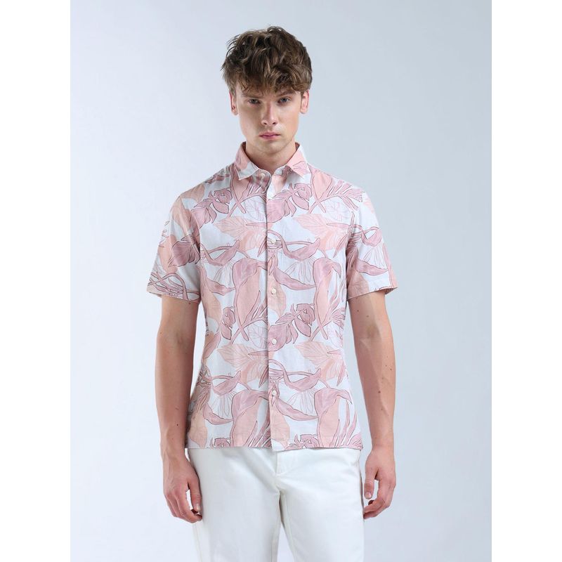 Flying Machine Men Pink Cotton Floral Shirt (L)