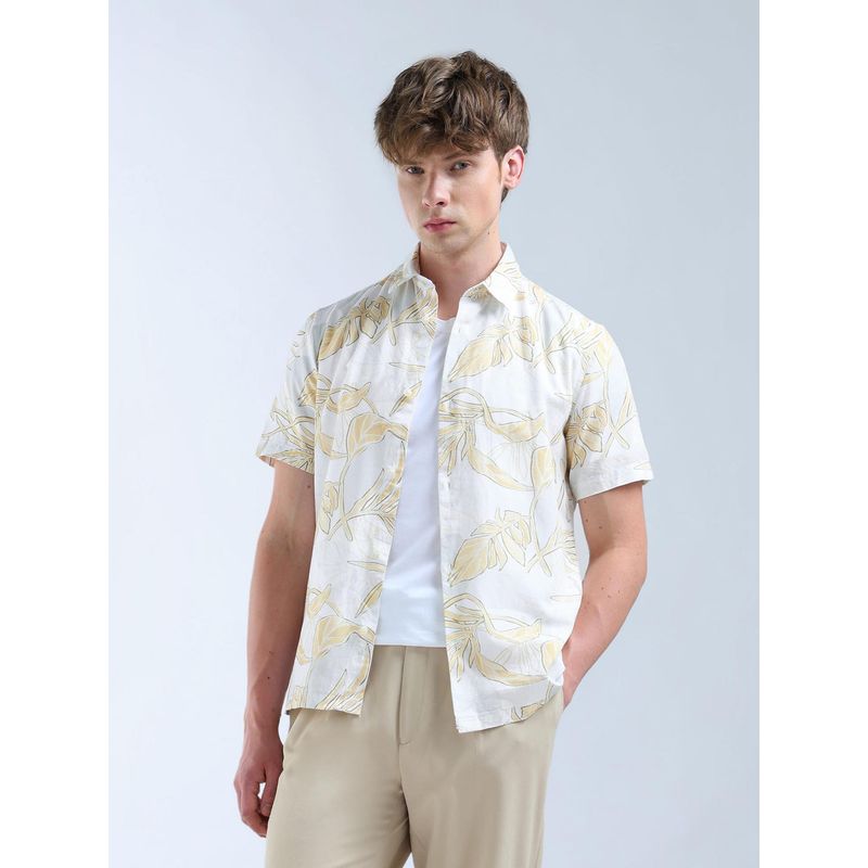 Flying Machine Men Yellow Cotton Floral Shirt (L)