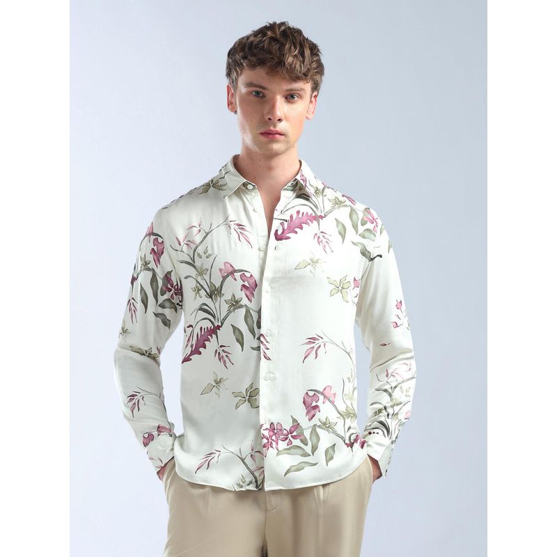 Flying Machine Men White Viscose Floral Shirt (L)
