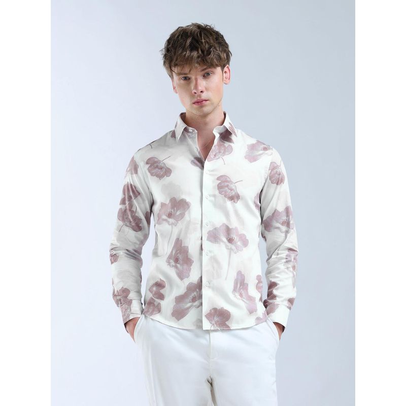 Flying Machine Men White Cotton Floral Shirt (M)