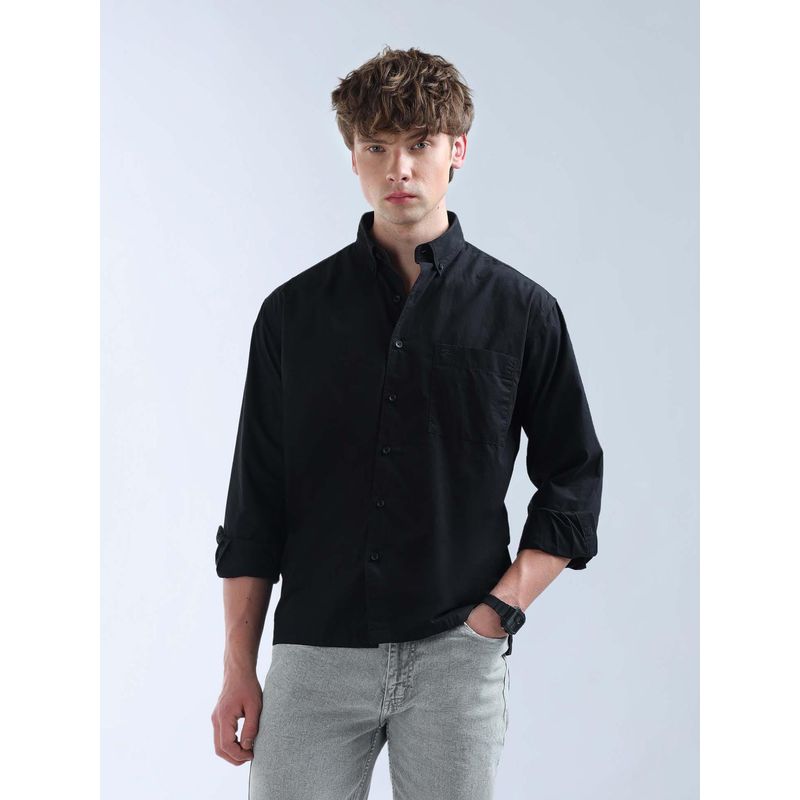 Flying Machine Men Black Cotton Solid Shirt (L)