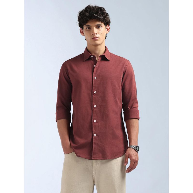 Flying Machine Men Rust Cotton Solid Shirt (L)