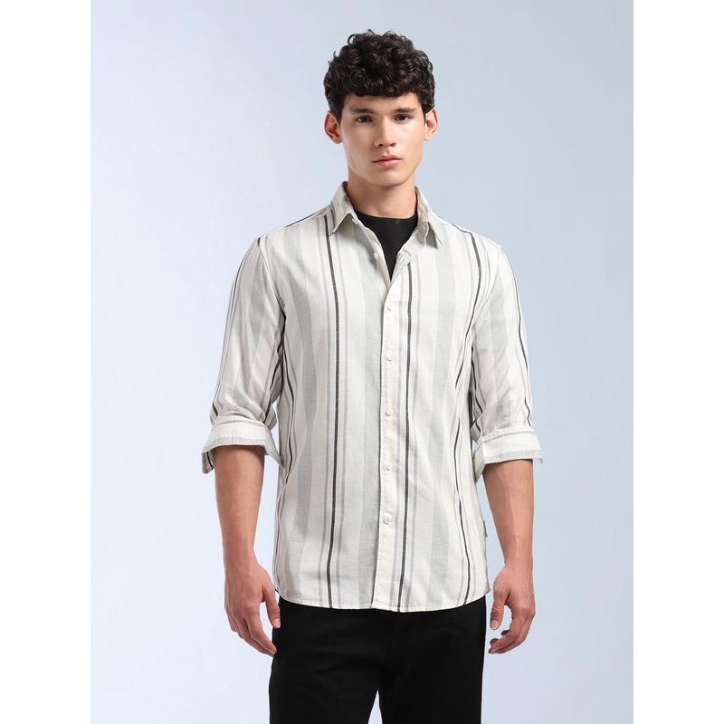 Flying Machine Men Grey Cotton Stripes Shirt (S)