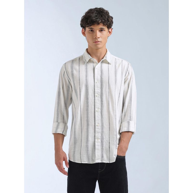Flying Machine Men White Cotton Stripes Shirt (S)