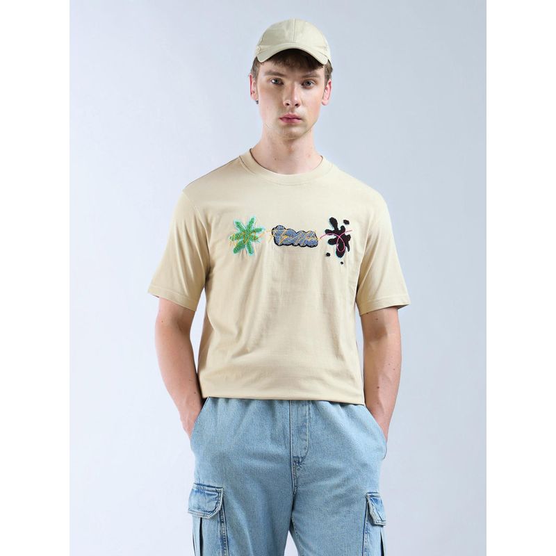 Flying Machine Beige Appliqued Pattern Color Of Home T-Shirt (M)