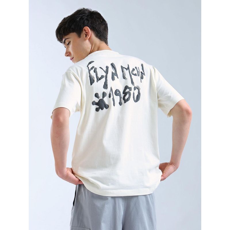 Flying Machine White Relaxed Fit Typographic Printed T-Shirt (L)